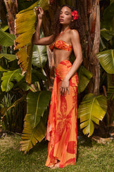 Ruched Hardware-Detail Fishtail Maxi Skirt in Orange Orchid Print